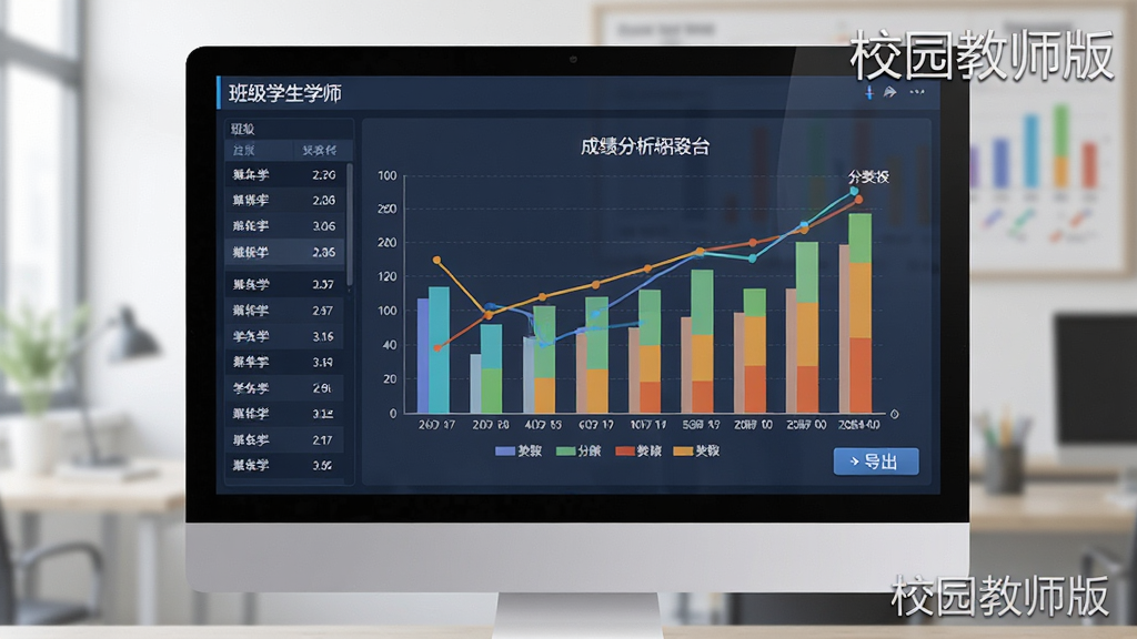 校园教师版软件成绩分析功能展示图,主体为电脑显示器屏幕中的柱状图与折线图混合图表界面,布局左侧为班级学生名单,右侧为可视化图表,排版专业,风格为商务数据可视化风格,细节包含分数段颜色图例与导出按钮,画质高清,无多余元素,图中可见