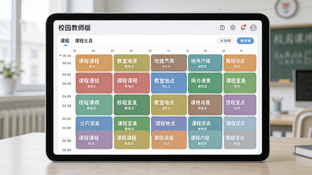 校园教师版软件智慧课表功能预览图,主体为平板电脑横屏展示周课表界面,不同科目用不同颜色区块区分,布局规整有序,排版清晰,风格为现代简约的UI设计,细节展示课程时间轴与教室地点标注,画质细腻干净,屏幕中显示
