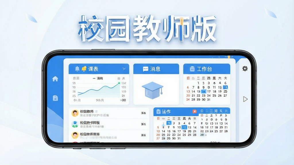 一张展示校园教师版软件核心界面的高清宣传图,主体为智能手机屏幕中的软件主界面,布局清晰显示课表、消息、工作台三大功能模块,整体风格简洁明亮,采用蓝色与白色为主色调,扁平化设计,细节包含通知图标和日历组件,画质干净,无多余元素,图片文字标注