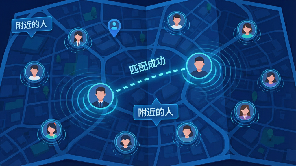 主体为一张城市地图背景,上面散布着多个用户头像小圆点,其中两个头像之间用发光的虚线连接,并标注“匹配成功”字样。地图上有代表距离的波纹线条和“附近的人”标签。整体布局以地图为中心,头像环绕,排版疏密有致,风格为科技感插画,蓝色调为主,细节精致,画质清晰,干净无多余元素。
