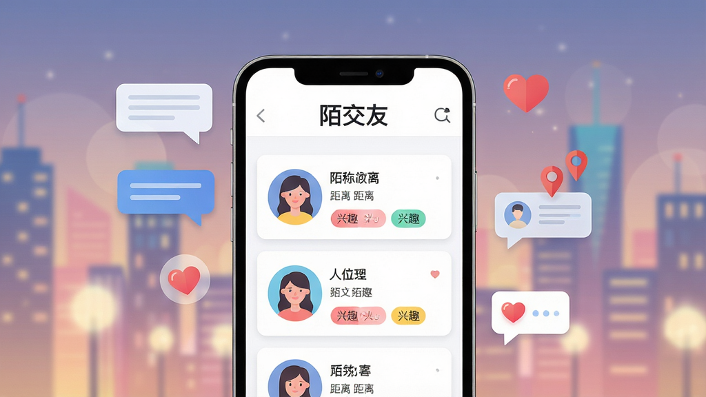 画面主体为一部智能手机屏幕特写,屏幕上显示陌交友APP的主界面,顶部有“陌交友”字样,下方排列着多位同城用户的卡片,卡片上展示用户头像、昵称、距离与兴趣标签。手机周围漂浮着对话框、爱心、位置图钉等社交元素,背景为柔和渐变的城市夜景,灯光虚化。整体布局以手机为中心,四周留白,排版清晰,风格为现代扁平化插画,细节丰富,画质高清干净,无多余元素。