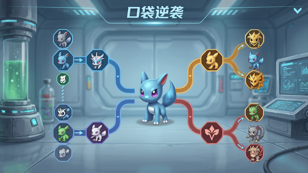 一张《口袋逆袭》精灵进化树的界面图,画面中心是一只初始形态的小精灵,周围延伸出三条进化分支,分别对应不同属性与外观,进化条件以图标形式标注,背景为科技实验室风格,排版清晰,风格科幻,画质干净,无多余元素。