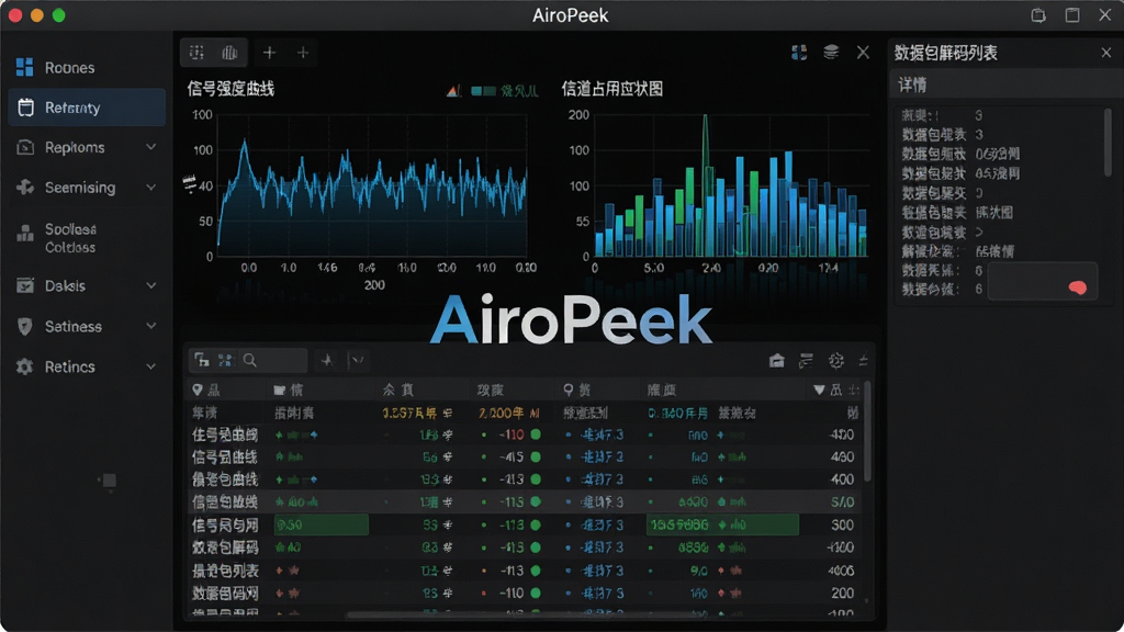 主体:AiroPeek(无线局域网分析工具)主界面,展示实时波形图与数据包列表;布局:左侧功能导航栏,中间主图表区,右侧详情面板;排版:深色专业风格,数据可视化图表清晰可辨;风格:科技感、现代、高对比度;细节:界面包含“信号强度曲线”、“信道占用柱状图”、“数据包解码列表”,屏幕中央显示“AiroPeek”logo;画质:高清,干净,无多余元素