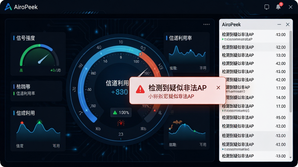 主体:AiroPeek(无线局域网分析工具)监控仪表盘,显示实时数据与告警弹窗;布局:仪表盘式圆形图表与滚动日志列表结合;排版:数据仪表盘居中,告警信息突出显示;风格:现代科技感,蓝黑色调;细节:仪表盘显示“信号强度”、“信道利用率”,告警弹窗标注“检测到疑似非法AP”;画质:高清晰度,干净,无多余元素