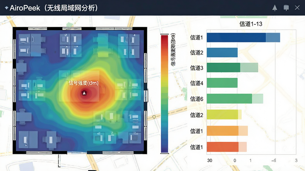 主体:AiroPeek(无线局域网分析工具)信号覆盖热力图,叠加在办公室平面图上;布局:左侧为平面图,右侧为信道占用条形图;排版:热力图色块渐变,信道图对比清晰;风格:专业地图渲染风格;细节:热力图标注“信号强度(dBm)”,信道图显示“信道1-13”;画质:高分辨率,干净,无多余元素