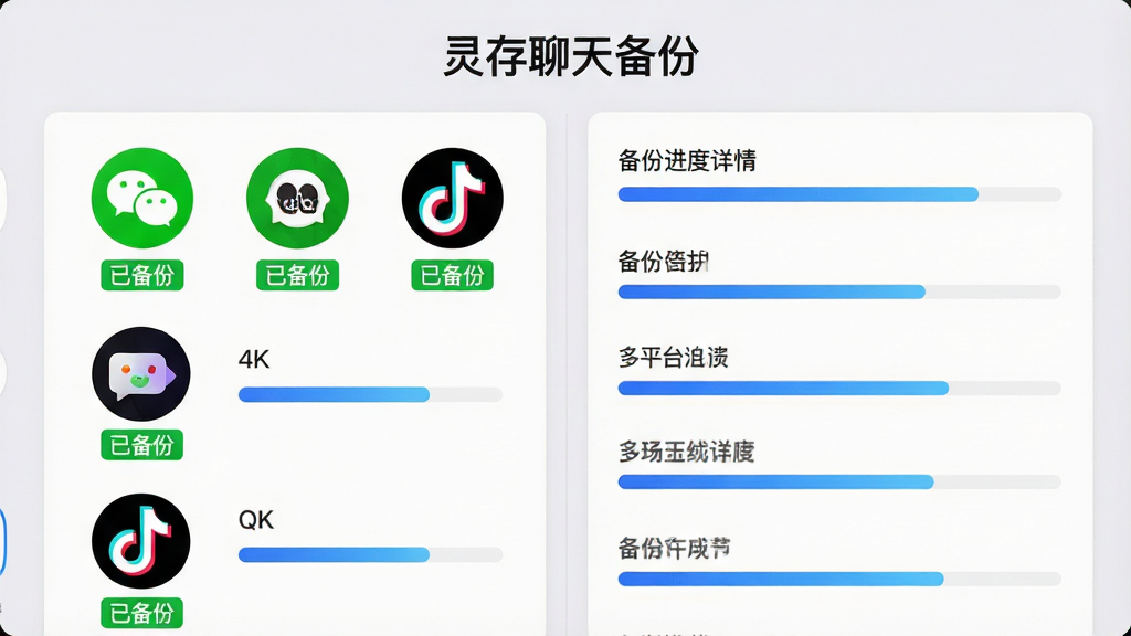 主体:灵存聊天备份软件的多平台聚合界面,屏幕上显示微信、QQ、抖音等图标,每个图标旁有进度条。布局:左右分栏设计,左侧为应用图标列表,右侧为备份进度详情。排版:图标圆形排列,进度条采用蓝色渐变,文字“灵存聊天备份”置于顶部。风格:清爽商务风,背景浅灰,强调功能完整性。细节:每个图标下方有“已备份”绿色标签,整体光线均匀。画质:4K级清晰度,干净无多余元素。