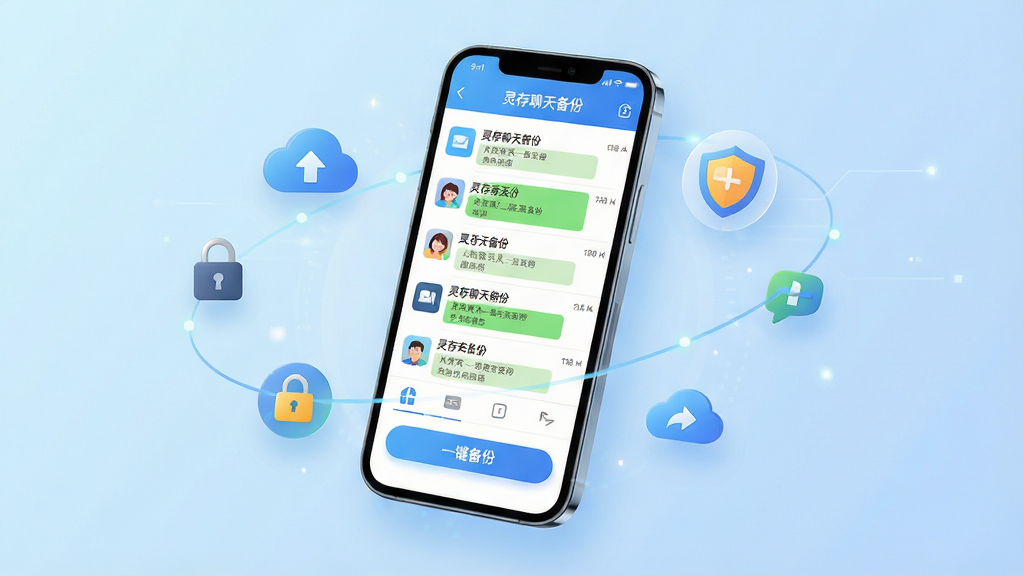 主体:灵存聊天备份软件主界面展示,手机屏幕内显示聊天记录列表与备份按钮,背景为淡蓝色科技感渐变。布局:居中构图,手机模型悬浮于画面中央,周围环绕云备份、加密锁、多平台图标等小元素。排版:界面图标排列整齐,文字标签清晰可读。风格:扁平化现代风格,色彩明快,突出安全与便捷。细节:手机屏幕中显示“灵存聊天备份”字样与“一键备份”按钮,光线柔和。画质:高清渲染,干净无多余元素。