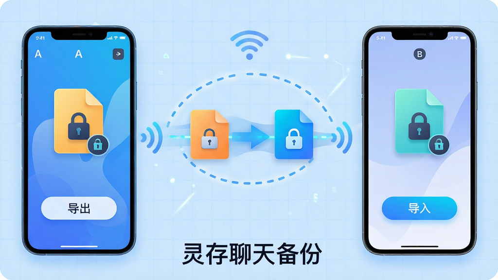 主体:灵存聊天备份的导出与迁移功能演示,手机A与手机B之间通过无线信号连接,中间显示文件传输动画。布局:左右对称,左侧手机显示“导出”按钮,右侧手机显示“导入”按钮。排版:背景为浅蓝色网格,传输路径用虚线高亮。风格:科技感插画风格,色彩鲜明。细节:文件图标带有加密锁标志,文字“灵存聊天备份”置于底部。画质:细腻渲染,干净无多余元素。