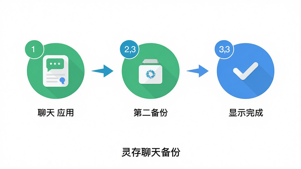 主体:灵存聊天备份的使用步骤示意图,分为三个步骤,第一步选择聊天应用,第二步点击备份,第三步显示完成。布局:横向流程图,三个圆形图标用箭头连接。排版:每个步骤下方有简短文字说明,整体居中对齐。风格:简洁扁平化,背景为白色,图标为绿色和蓝色。细节:步骤图标上带有“1,2,3”数字,底部有“灵存聊天备份”字样。画质:高分辨率,干净无多余元素。