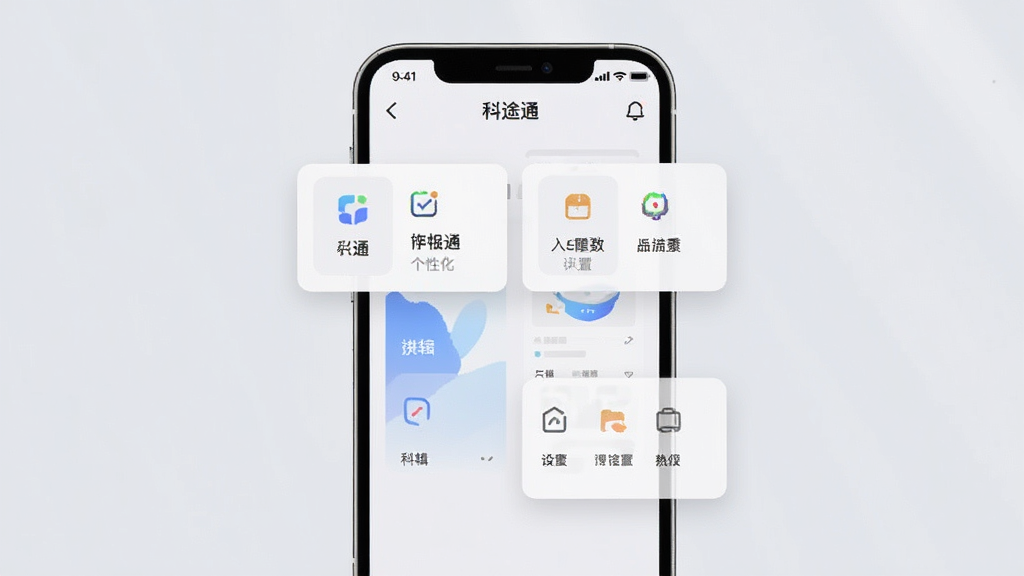 一张手机应用个性化设置界面的预览图,屏幕中显示“科途通”App的编辑模式,各种功能卡片悬浮并可拖拽,背景为柔和的浅灰色,界面简洁,采用卡片式设计,风格现代,画质清晰,展示布局,干净无多余元素