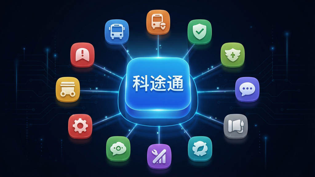 一张现代风格的功能聚合示意图,画面中央是一个发光的蓝色“科途通”APP图标,四周环绕着各种生活服务的彩色小图标,如公交、缴费、查询等,布局呈放射状,背景为深色科技感渐变,画质细腻,光效流畅,干净无多余元素