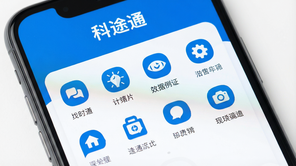 一张智能手机屏幕特写,屏幕中清晰显示“科途通”App的主界面,界面采用扁平化设计风格,以蓝白为主色调,功能图标整齐排列,背景为干净的纯色,画质高清,光线均匀,突出手机屏幕的质感,布局居中,细节丰富,干净无多余元素