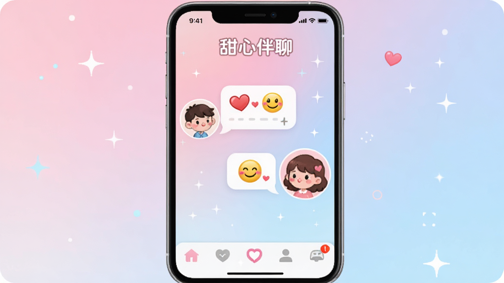 画面以“甜心伴聊”手机APP界面为主视觉,屏幕中显示两个卡通人物头像正在对话,气泡里有爱心和笑脸符号,背景是柔和的粉蓝渐变,整体布局居中,风格清新可爱,细节包括底部导航栏和消息提示,画质高清干净,无多余元素