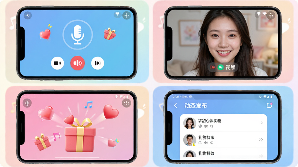 甜心伴聊APP的互动功能展示,画面分为四个小窗口,分别显示语音通话、视频聊天、礼物特效和动态发布界面,整体布局为网格状,背景淡雅,风格活泼明亮,细节包括麦克风图标和爱心礼物动画,画质清晰,无多余元素