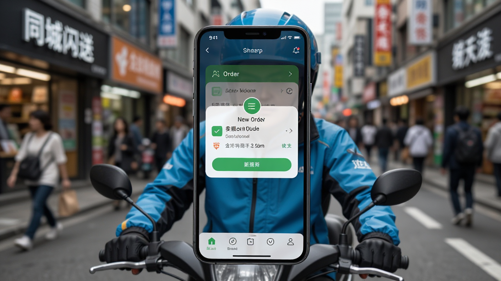 众包骑手同城闪送软件主界面,一位骑手在繁华城市街道上,手机屏幕显示新订单弹窗,背景是模糊的商铺和行人,构图采用居中,手机屏幕内容清晰可见,风格写实,细节丰富,画质高清,干净,无多余元素。