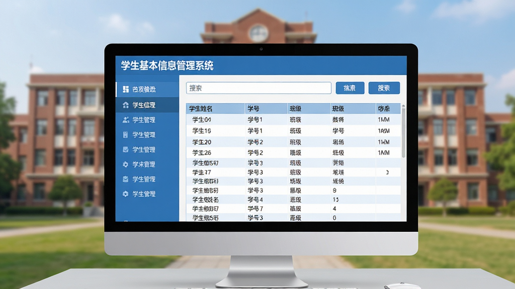 ���壺ѧ��������Ϣ����ϵͳ�����������棬������Ļ��ʾѧ���б��빦�ܲ˵���������ѧУ��ѧ¥�����֣�������У����Ϊ���������Ҳ�Ϊ���ݱ����Ϸ�Ϊ�������Ű棺��Ϣ��η��������ܰ�ť�������С���񣺱�ƽ����ƣ�������ɫ�����רҵ��ϸ�ڣ���Ļ����ʾ��ѧ��������Ϣ����ϵͳ����������������ѧ��������ѧ�š��༶���С����ʣ����壬�ɾ����޶���Ԫ�ء�