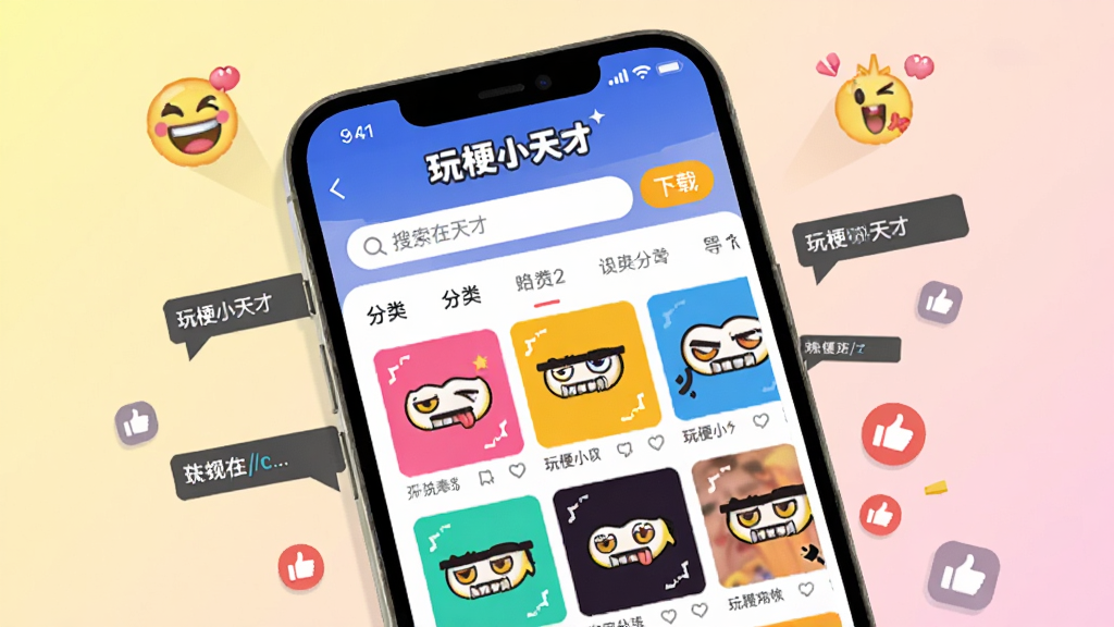 画面主体为一部手机屏幕占据画面中央,屏幕内展示玩梗小天才App主界面,界面顶部有“玩梗小天才”品牌字样,下方排列着多个彩色梗图模板缩略图,周围漂浮着表情包、弹幕、点赞图标等元素。布局采用中心构图,手机略微倾斜,背景为明亮的渐变色(从淡黄色到淡粉色),风格为扁平化插画,细节包含界面上的搜索框、分类标签、下载按钮,画质清晰干净,无多余元素。