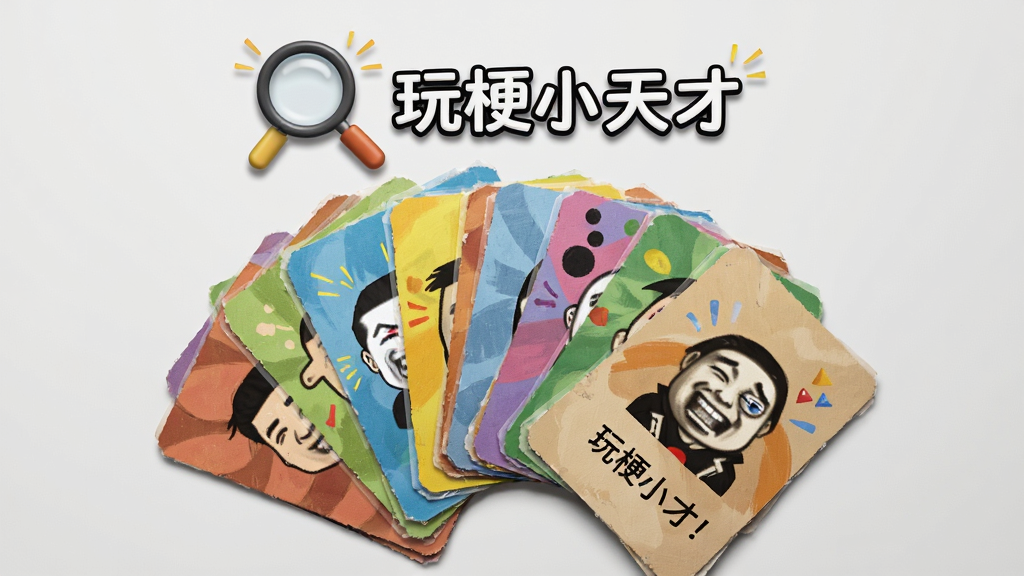 画面主体为一组堆叠的彩色梗图卡片,每张卡片上印有不同表情包图案和简短文字,卡片呈扇形展开,上方悬浮着放大镜图标和“玩梗小天才”字样。布局采用平铺展示,背景为浅灰色,风格写实与插画结合,细节突出卡片纹理和阴影,整体画质干净明亮,无多余元素。