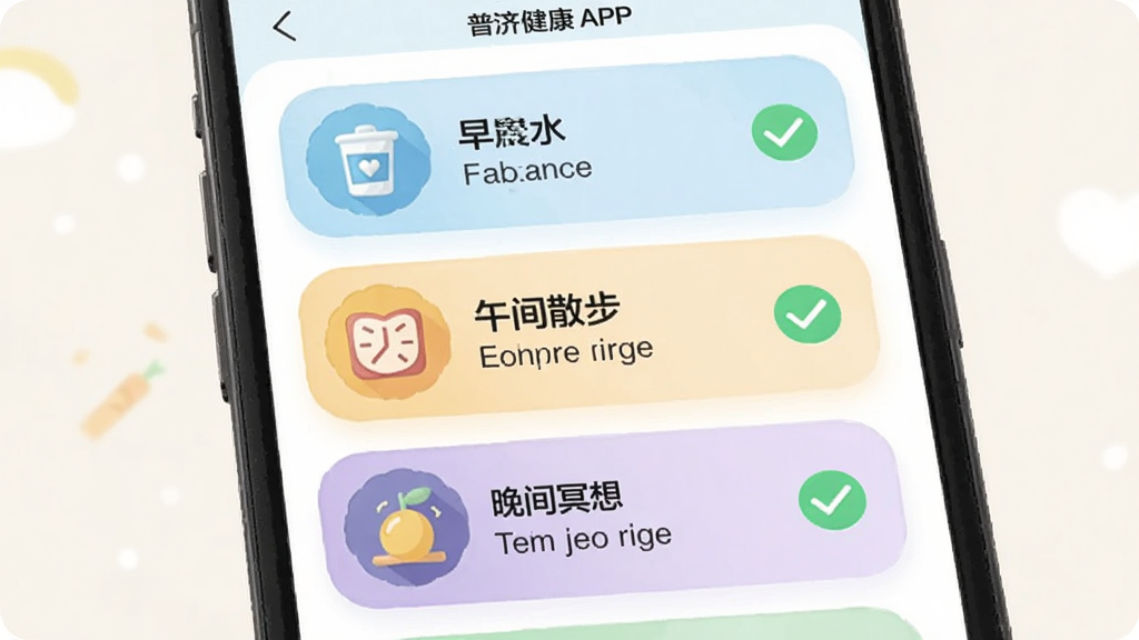 画面主体为手机界面展示普济健康APP的每日健康计划清单,包括早晨饮水、午间散步、晚间冥想等任务卡片。布局为纵向列表式,卡片圆角设计,左侧为任务图标,右侧为完成状态勾选。风格为柔和插画风,色彩明快。画质干净,无多余元素。