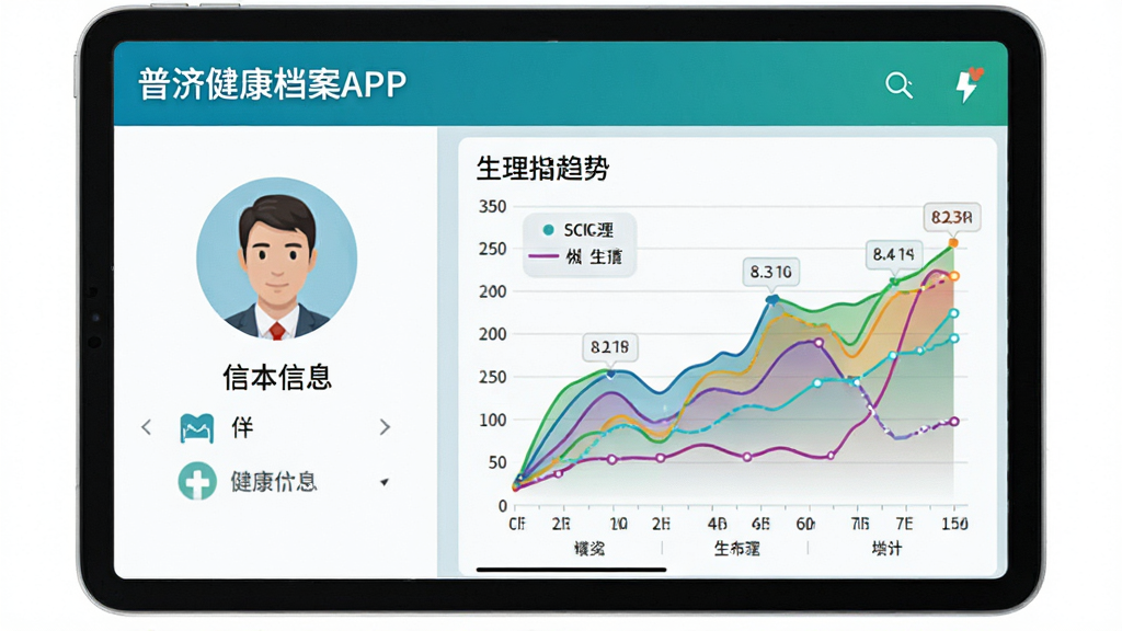 画面主体为平板电脑展示普济健康APP的健康档案页面,左侧为个人信息头像,右侧为各项生理指标的趋势折线图。布局为左右分栏式,图表色彩丰富,线条清晰。风格为医疗级数据可视化,细节包括刻度尺、数据标签。画质高清,干净无多余元素。