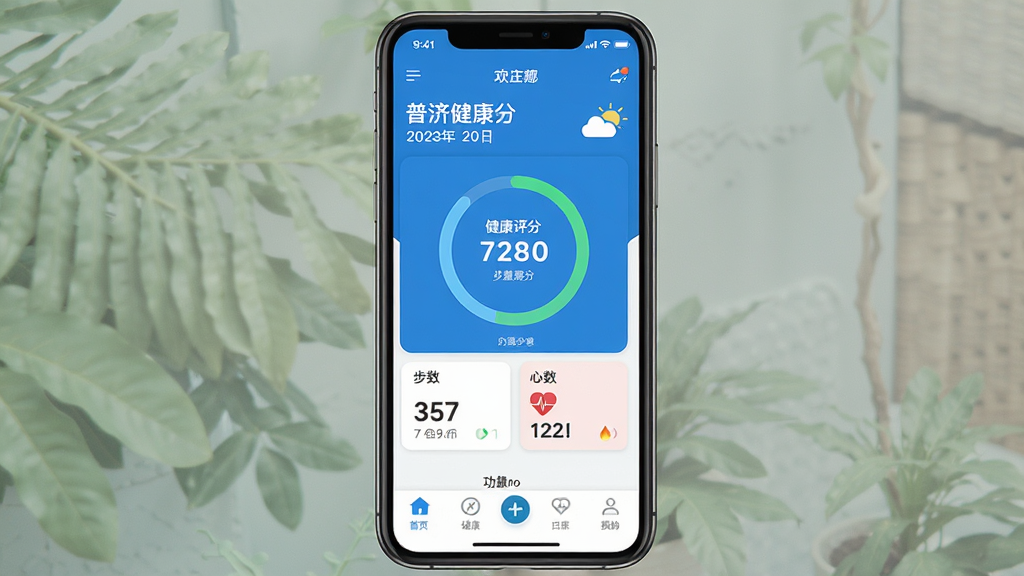 画面主体为智能手机屏幕展示普济健康APP主界面,界面风格简洁清新,以蓝白为主色调,中央显示健康评分圆环和步数、心率等关键数据卡片。整体布局采用对称式设计,上方为欢迎语和日期天气,中部为健康数据仪表盘,下方为功能导航栏。图片风格为现代扁平化UI设计,细节丰富,画质清晰干净,无多余元素。
