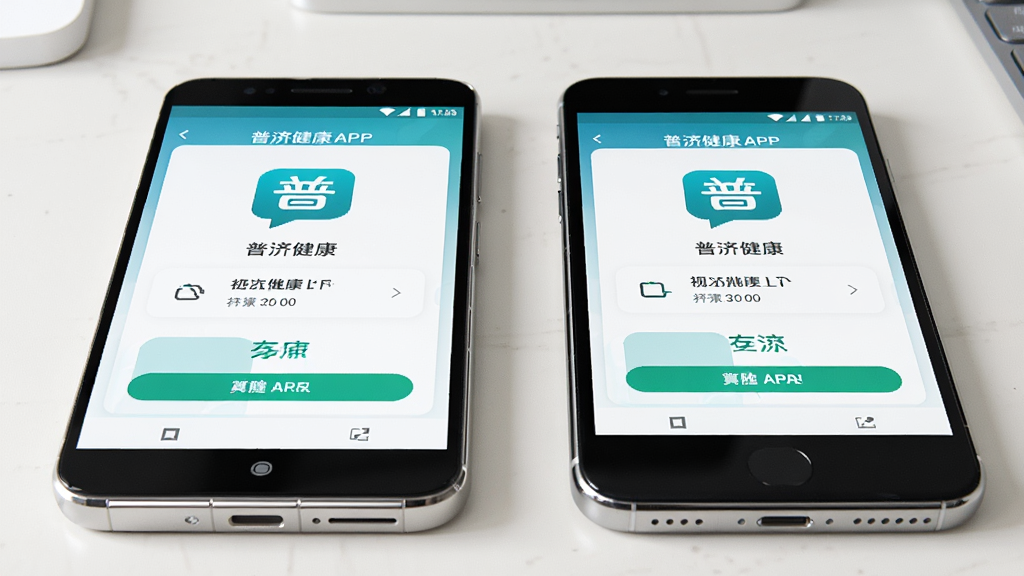 画面主体为一部安卓手机和一部苹果手机并排摆放,屏幕均显示普济健康APP的安装界面,背景为简约桌面。布局为左右对称,手机大小适中。风格为写实产品图,光线明亮。细节包括手机边框的金属质感。画质高清,干净无多余元素。