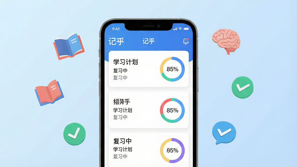 主体:一款名为“记乎”的学习软件界面展示,背景为淡雅的浅蓝色渐变。布局:画面中央是手机应用界面特写,屏幕上显示着卡片式记忆列表与彩色进度环,周围漂浮着书本、大脑、对勾等轻量级图标。排版:界面卡片排列整齐,进度环清晰可见,图标错落有致。风格:现代扁平化设计,色彩明快,科技感与学习氛围融合。细节:应用界面中的文字标签显示“记乎”、“学习计划”、“复习中”等字样,进度环上标注“85%”。画质:高清渲染,干净,无多余元素。