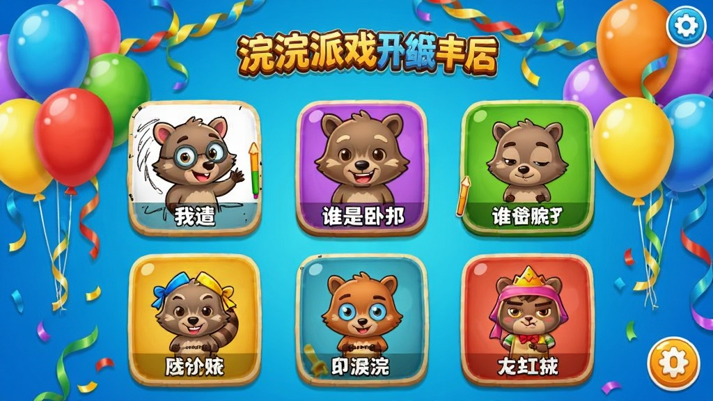 浣熊派对游戏大厅界面,展示多款小游戏图标,包括你画我猜、谁是卧底等,背景有彩色气球和彩带,卡通风格,明亮活泼,画质细腻