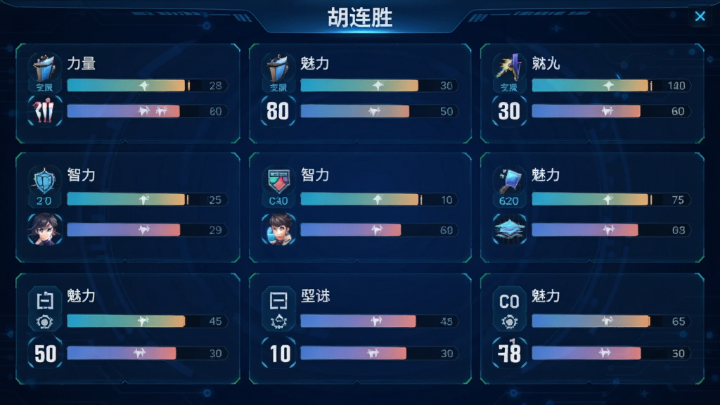 主体为角色属性面板界面,显示力量、智力、魅力等数值条,背景为深蓝色科技感界面,采用九宫格布局,风格简洁,细节包括数值条渐变与图标,画质干净,无多余元素,图片上标注文字“胡连胜”