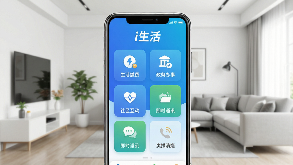 一张智能手机屏幕展示i生活APP主界面,上方显示“i生活”品牌标识,界面采用蓝色渐变主色调,功能图标清晰排列,包含生活缴费、政务办事、社区互动、即时通讯等模块,背景为简洁的现代客厅场景,画面明亮干净,排版规整,风格为扁平化UI设计,细节丰富,画质高清无多余元素