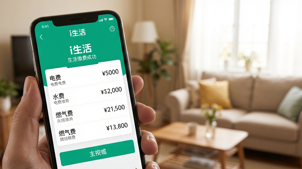 一张手机支付生活缴费账单的界面截图,屏幕显示“i生活”缴费成功页面,包含电费、水费、燃气费等多个项目,金额清晰可见,背景为温馨的家庭环境,柔和的自然光照射,风格为写实摄影,细节丰富,画质干净无多余元素