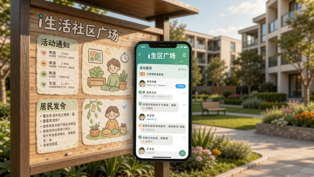 一张社区公告栏与手机界面相结合的图片,手机屏幕显示i生活社区广场,包含活动通知、居民发言等模块,背景为现代小区花园,风格为插画与实拍结合,色调温暖,细节丰富,画质干净无多余元素