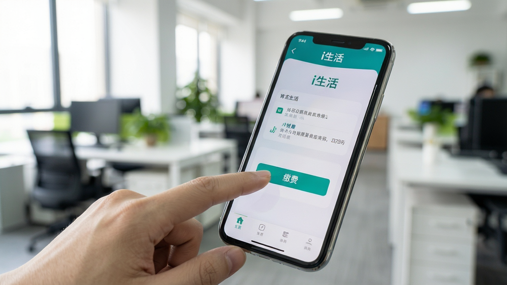 一张手机使用i生活应用的实拍图,用户手指点击屏幕上的缴费按钮,背景为明亮的办公室环境,屏幕显示“i生活”界面,风格写实,细节清晰,画质干净无多余元素