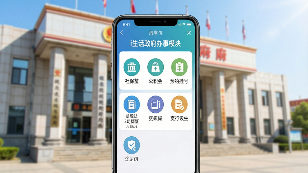 一张手机展示i生活政务办事模块,界面列出社保、公积金、预约挂号等图标,背景为政府部门建筑外观,阳光明媚,风格为写实摄影,色彩明亮,布局规整,细节丰富,画质清晰无多余元素