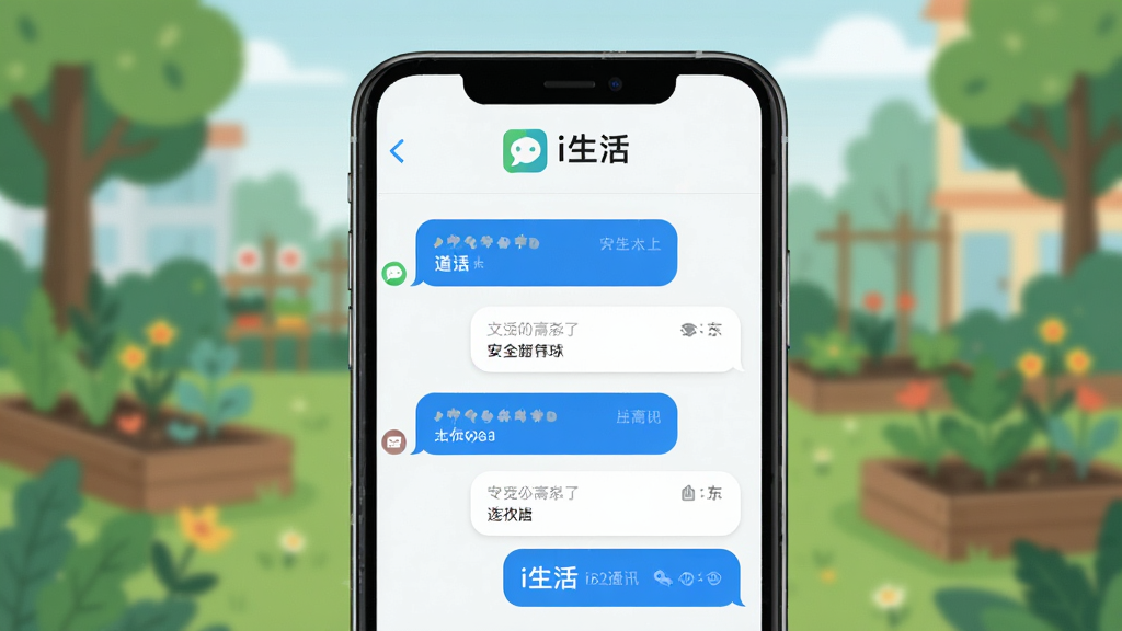一部手机展示i生活聊天界面,对话气泡以蓝色和白色区分,屏幕上方显示“i生活”安全通讯标识,背景为模糊的社区花园,整体色调清新,风格为扁平化插画,布局居中,细节精致,画质高清无多余元素