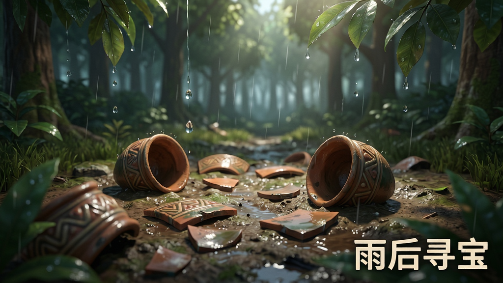 主体:游戏场景中暴雨过后的森林空地,地面有被冲刷出的陶罐碎片。布局:空地为前景,树木环绕。排版:焦点在地面细节。风格:写实渲染,光影通透。细节:雨水从树叶滴落,陶罐碎片有纹路,泥土湿润。画质:2K,干净,无多余元素。文字: