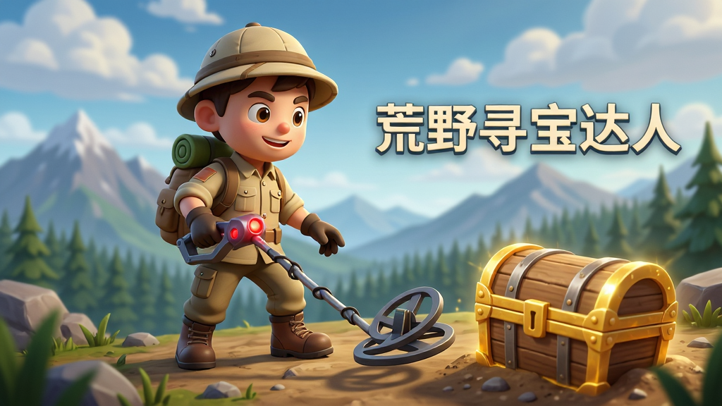 主体:游戏主视觉图,一位穿着户外探险服的卡通角色站在荒野高地上,手持金属探测器,脚下是半埋的宝箱。布局:角色居中偏左,远处有山脉和森林,宝箱位于右下角。排版:画面干净,焦点集中在角色和宝箱上。风格:写实与卡通结合,色彩明亮,光影自然。细节:探测器有红色指示灯,宝箱边缘泛着金光,天空有云层。画质:4K高清,干净,无多余元素。文字:
