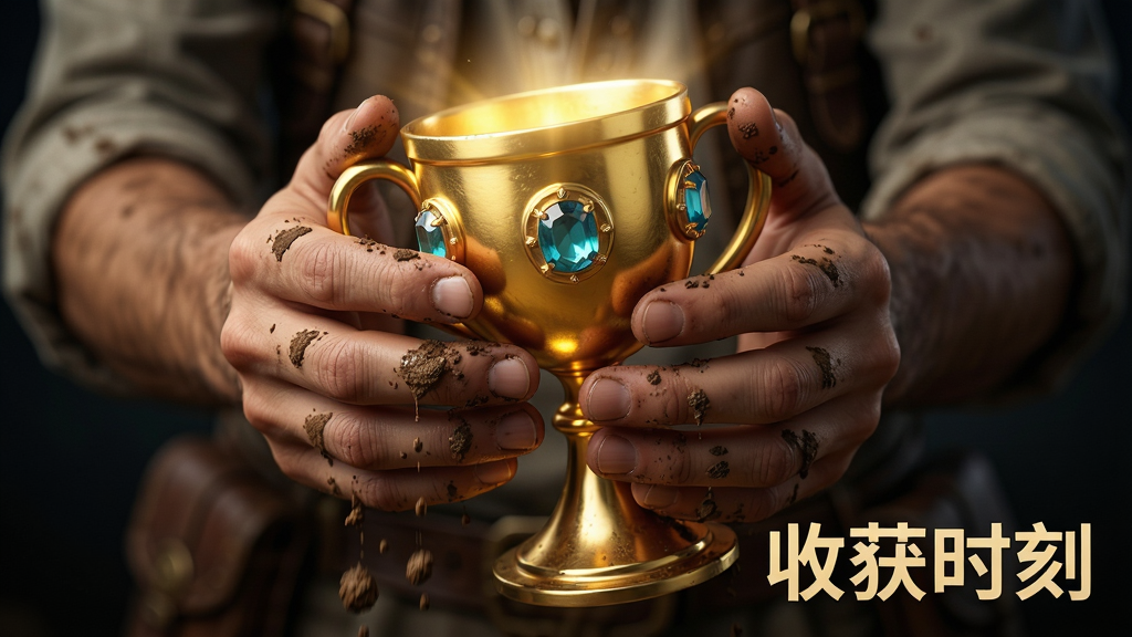 主体:玩家在挖掘宝藏的场景,双手捧起一个金色酒杯。布局:特写镜头,酒杯发光。排版:焦点在双手和酒杯。风格:写实光影。细节:泥土从指缝掉落,酒杯上有宝石镶嵌。画质:高清,干净,无多余元素。文字: