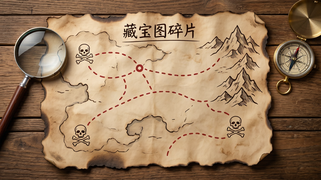主体:一张破旧的羊皮纸藏宝图,上面有红色标记和虚线路径。布局:地图平铺在木桌上,旁边有放大镜和指南针。排版:地图占据画面中央。风格:复古手绘风格。细节:纸张边缘烧焦,标记点有骷髅图标,路径延伸到山脉。画质:高清,干净,无多余元素。文字: