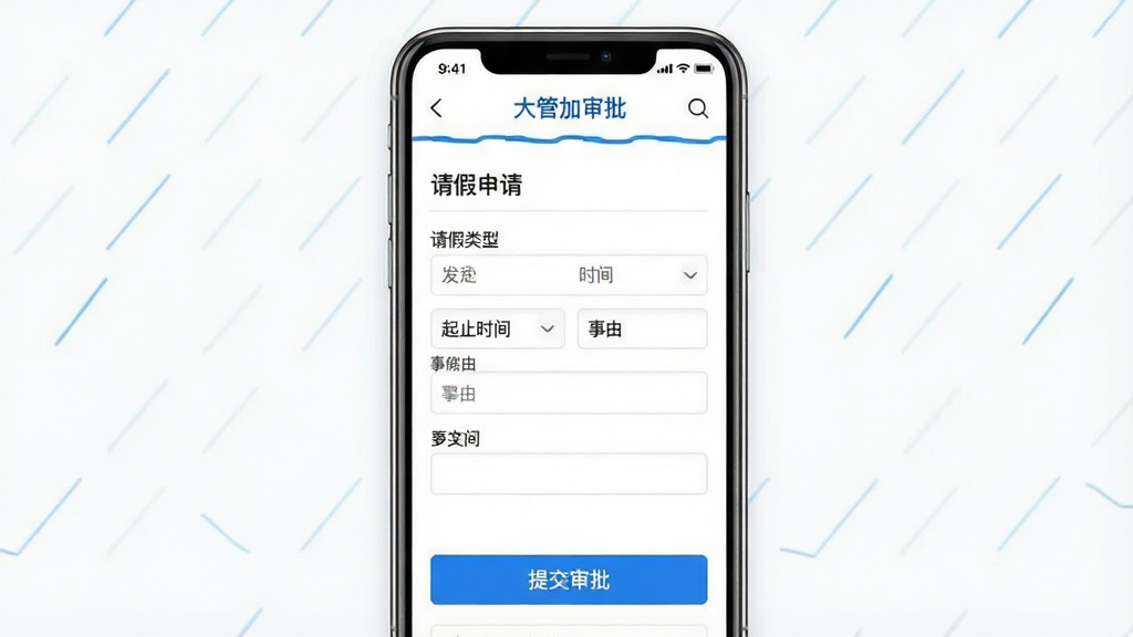 一张展示大管加审批流程功能的界面设计稿,主体为手机屏幕内的大管加审批页面,显示“请假申请”表单,包含请假类型、起止时间、事由等字段,下方有“提交审批”按钮。布局为手机界面居中,背景为白色,辅以蓝色线条装饰。风格为简洁商务风,色彩以蓝白为主,细节清晰,包含“大管加”软件名称。画质高清,干净无多余元素。