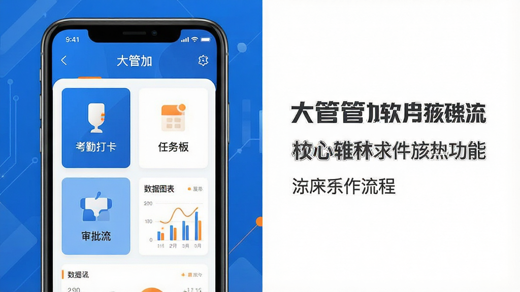 一张展示大管加软件核心功能的宽幅宣传图,主体为智能手机屏幕界面特写,屏幕内清晰显示“大管加”应用主界面,包含考勤打卡、任务看板、审批流程、数据图表等模块图标。布局采用左右分割构图,左侧为手机界面,右侧为简洁的白色文字说明区域。整体风格为现代扁平化设计,色彩以蓝色和白色为主,搭配少量橙色点缀,体现科技感与专业感。画质高清,细节丰富,干净无多余元素,适合作为软件官网或应用商店的预览图。