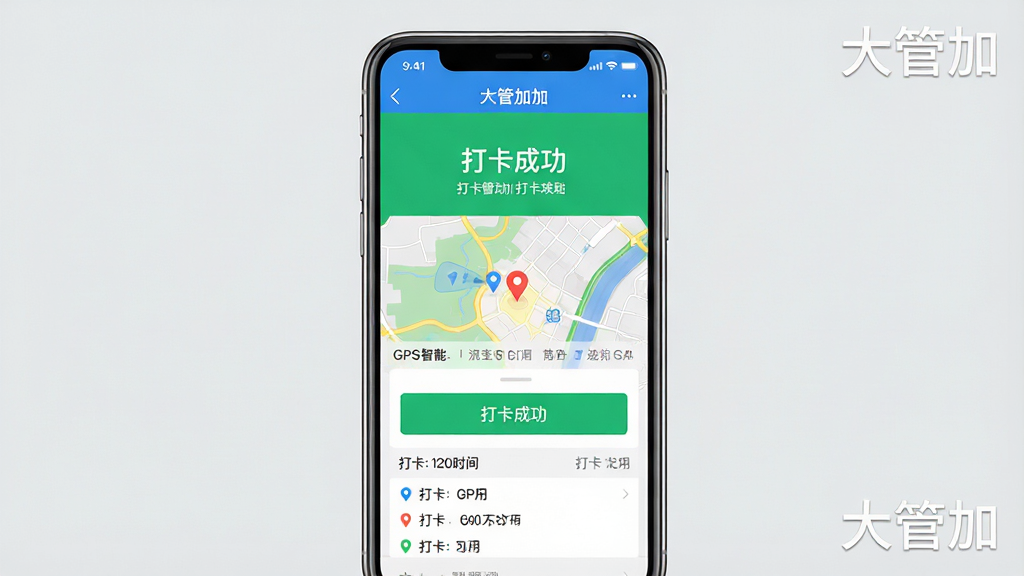一张展示大管加智能考勤功能的界面截图,主体为手机屏幕内的大管加考勤页面,显示“打卡成功”提示,并配有GPS定位地图和打卡时间记录。布局为手机界面居中,背景为浅灰色,突出显示打卡按钮和定位信息。风格为界面截图风格,真实还原软件操作场景,色彩明亮,细节清晰,包含“大管加”软件名称水印。画质高清,干净无多余元素,适合作为功能展示图。