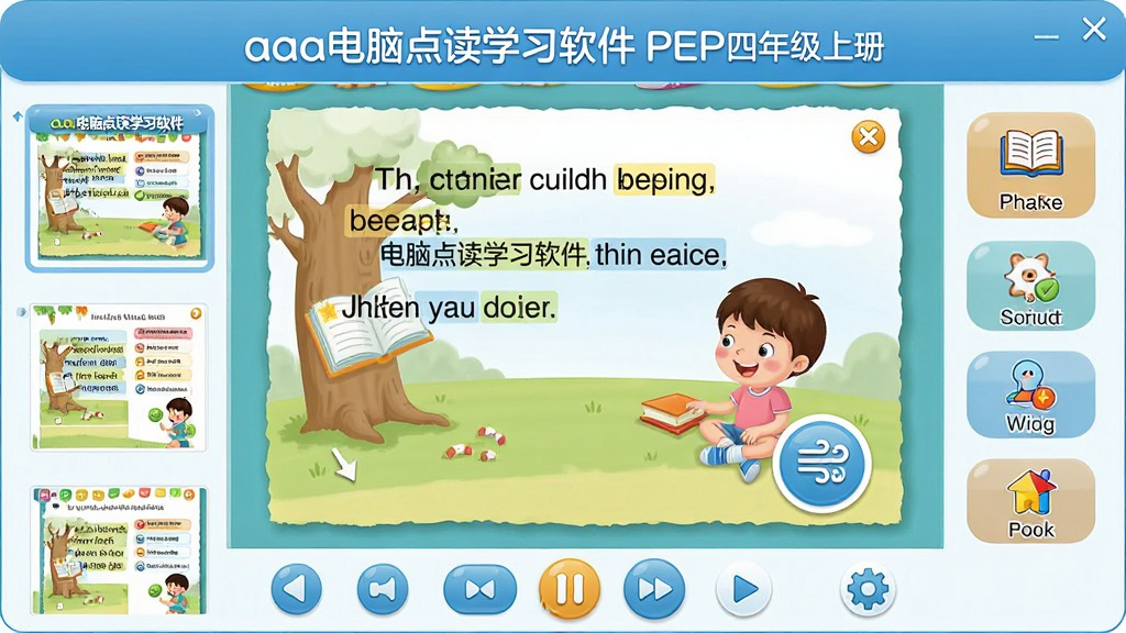 ���壺aaa���Ե��ѧϰ����PEP���꼶�ϲ�Ľ���Ԥ��ͼ����ʾӢ��α����ҳ�棬�������Ĳ�ͼ�����Ӹ����͵����ť�����֣�����չʾ���������ڣ����Ϊ�α�ҳ������ͼ���Ҳ�Ϊ���ܰ�ť�����Ű棺�����ֲ㣬�Ϸ�Ϊ���������м�Ϊ�α����ݣ��·�Ϊ������������ִ������������ɫ��������ͣ��ʺ϶�ͯ��ϸ�ڣ�����������������ťͼ����������ɾ����ࡣ���ʣ�������Ⱦ���ɾ��޶���Ԫ�ء�