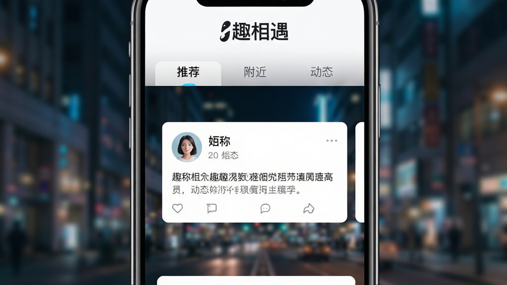 画面主体为一部手机屏幕,屏幕上展示“趣相遇”APP的主界面,界面顶部有“趣相遇”中文logo,下方分布着“推荐”、“附近”、“动态”等标签页,中央是一张用户动态卡片,卡片上有用户头像、昵称和动态文字,背景为模糊的城市夜景,整体布局简洁清晰,排版采用扁平化设计,风格现代时尚,细节丰富,画质高清且干净,无多余元素。