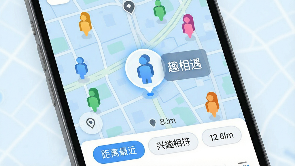 画面主体是手机地图界面,地图上有多个彩色人形图标,其中一个被高亮放大并标注“趣相遇”字样,屏幕下方有筛选栏,显示“距离最近”、“兴趣相符”等选项,背景为淡蓝色网格地图,布局清晰,排版整齐,风格简约科技感,细节包括定位箭头和距离数字,画质干净高清,无多余元素。