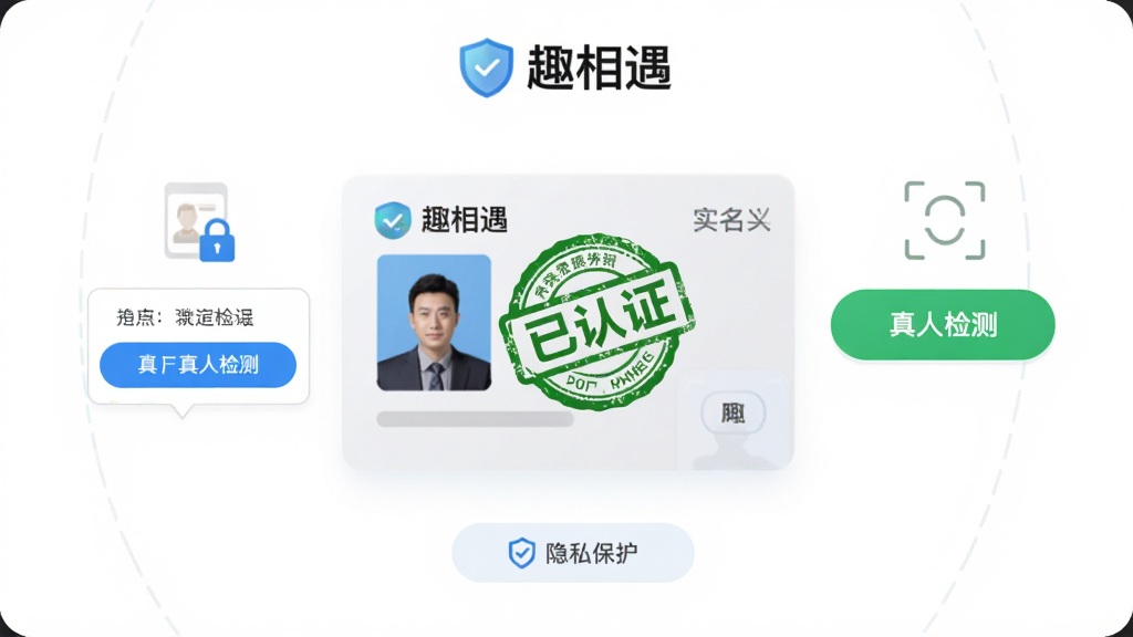 画面主体是趣相遇的实名认证界面,中央有一个虚拟的身份证卡片,卡片上印有“已认证”绿色印章,周围环绕着手机验证码输入框和“真人检测”按钮,背景为简洁的白色,布局居中,排版规整,风格安全可靠,细节包括盾牌图标和“隐私保护”字样,画质干净无多余元素。