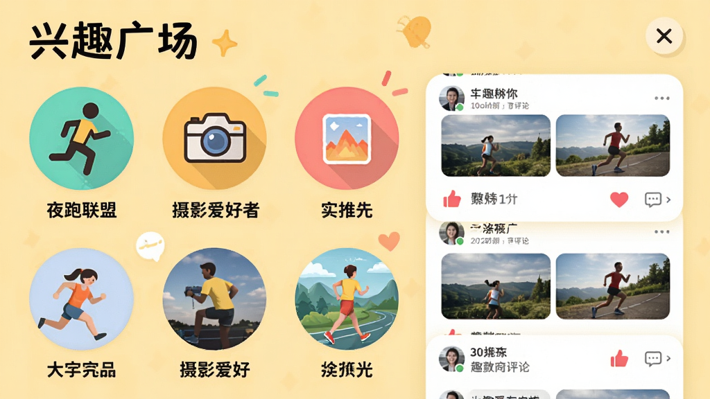 画面主体是趣相遇APP的兴趣小组页面,顶部为“兴趣广场”标题,下方排列多个圆形图标,每个图标下方有小组名称如“夜跑联盟”、“摄影爱好者”,点击某个小组后展示该小组的话题列表,有用户发布的照片和文字,背景为温暖的浅黄色,布局采用卡片式排列,排版活泼明快,风格清新可爱,细节包含点赞和评论图标,画质干净无多余元素。