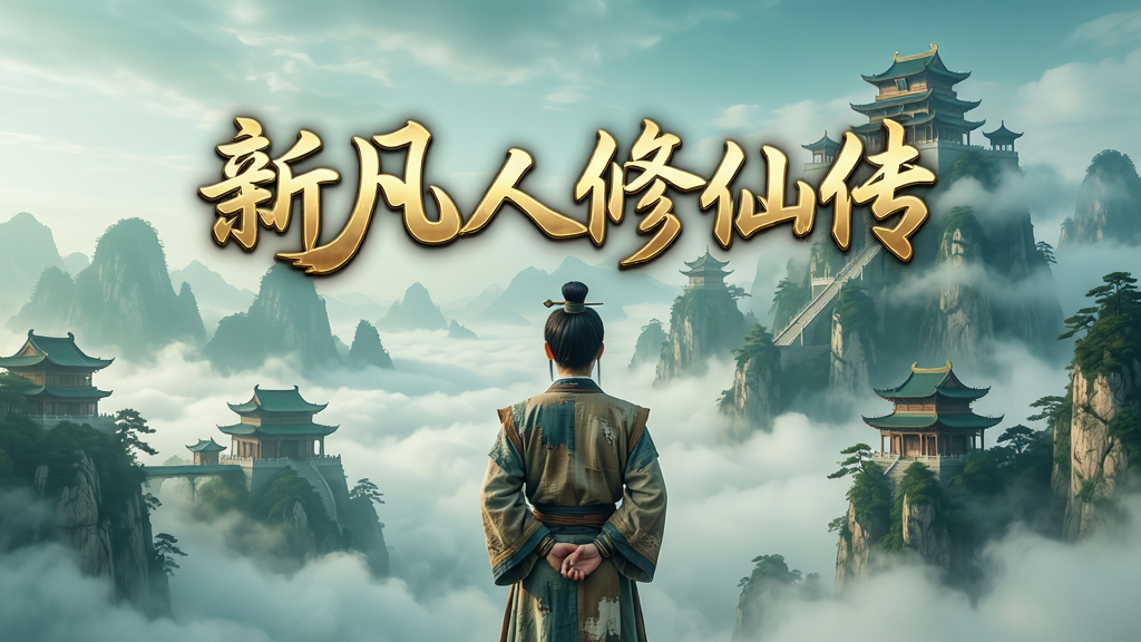 主体为一名身着古朴道袍的年轻修士,负手而立,眺望远方云雾缭绕的仙山琼阁,画面中央悬浮着游戏LOGO“新凡人修仙传”五个鎏金大字,布局采用对称构图,人物位于画面下方三分之一处,背景是层峦叠嶂的仙山与流动的云海,整体风格为写实国风,色彩以青绿与金色为主,细节上突出衣袍的纹理和山石的质感,画质为8K高清,整体画面干净,无多余元素。