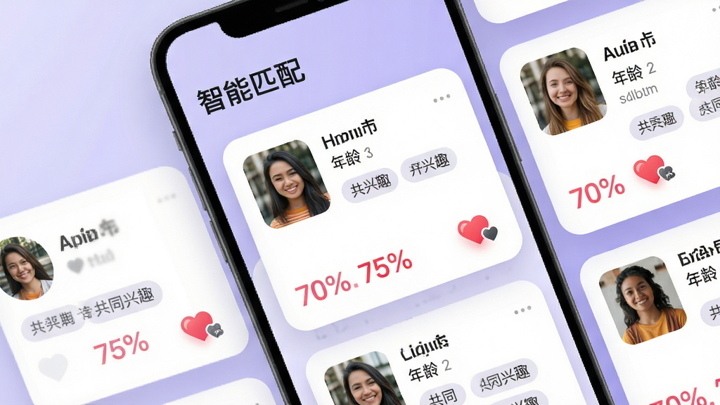 主体:一对交友APP的“智能匹配”功能界面,展示推荐用户卡片。布局:卡片式排列,每张卡片显示用户照片、昵称、年龄与共同兴趣标签。排版:简洁清晰,突出匹配度百分比。风格:现代科技感,背景为淡紫色渐变。细节:卡片有圆角阴影,匹配度用爱心图标表示,画质高清,干净无多余元素。