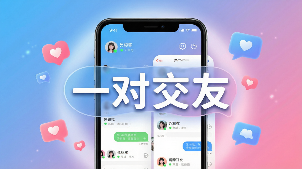 主体:一对交友APP界面预览,手机屏幕显示聊天与匹配页面,画面中央有“一对交友”字样。布局:手机居中,背景为渐变蓝色与粉色柔和光晕,周围有漂浮的心形与气泡图标。排版:简洁现代,突出APP名称与界面元素。风格:清新活力,年轻化,具有社交属性。细节:界面显示用户头像、昵称、在线状态与消息气泡,画质高清,干净无多余元素。
